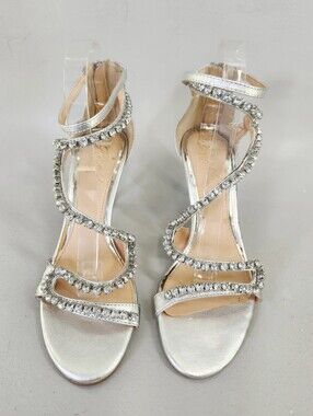 Jewel Badgley Mischka Sandals Women 7 Silver Rhinestones Evening Heels w/Dustbag
